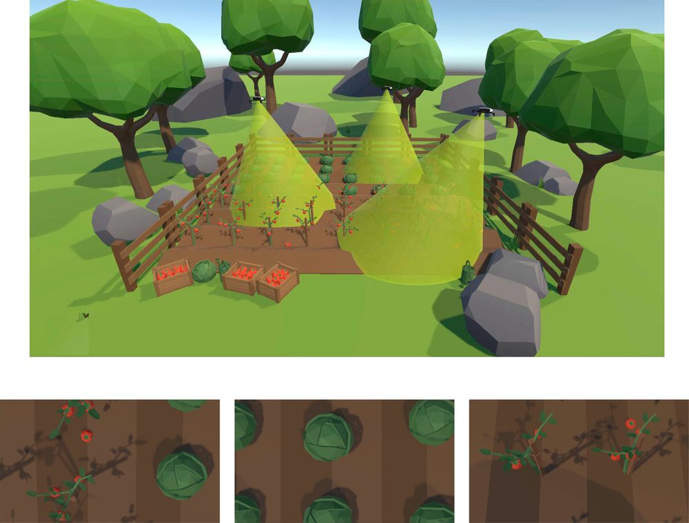A simulated orchard scene with three drones, their view cones highlighted, and the image each drone captures
