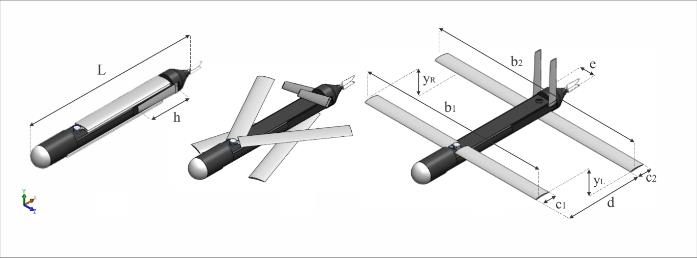 The UAV in folded, transition and expanded configurations, with principal dimensions marked